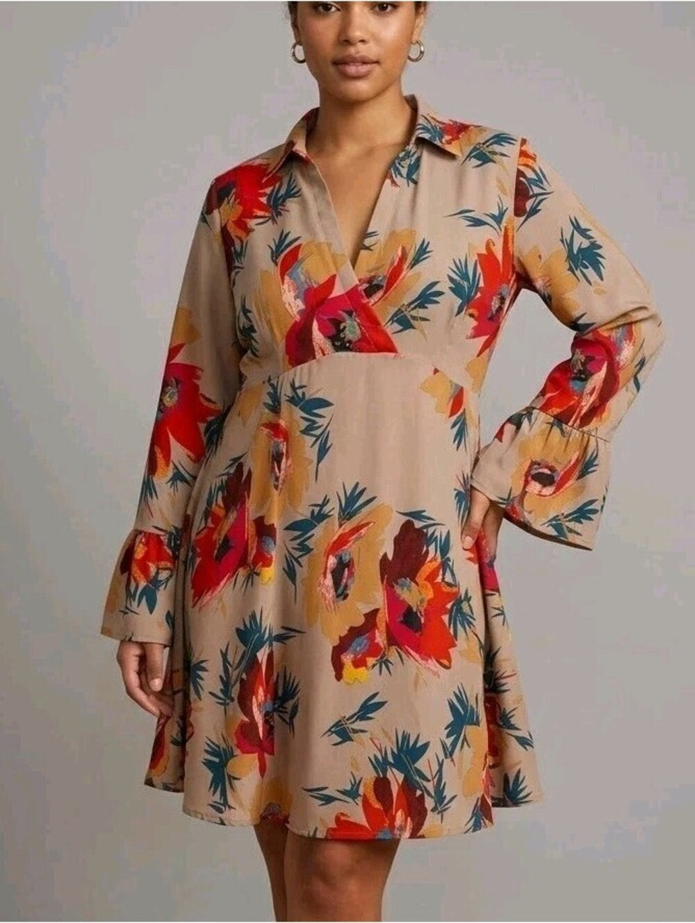 Umgee Dress Womens M Beige Floral V Neck Bell Sleeve Swing Mini Boho Trapeze